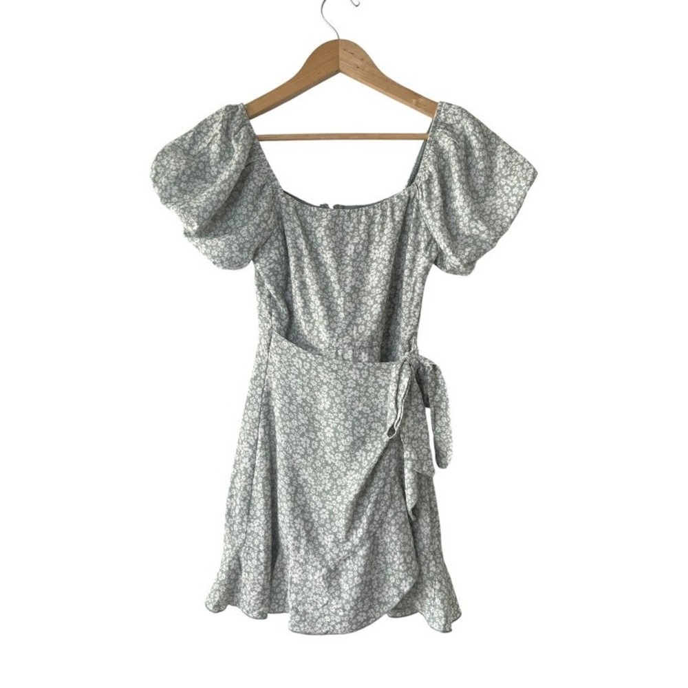 Trixxi Sage‎ Green Floral Puff Sleeve Wrap Mini Dress Cottagecore Romantic Small